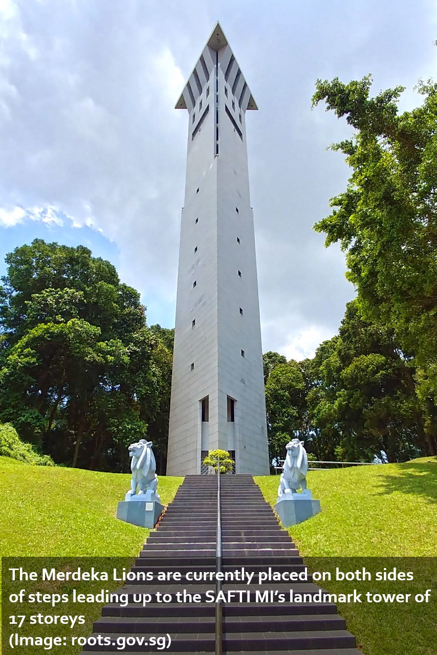 📷 4: The Merdeka Lions are currently placed on both sides of SAFTI MI’s landmark tower (Roots.sg)